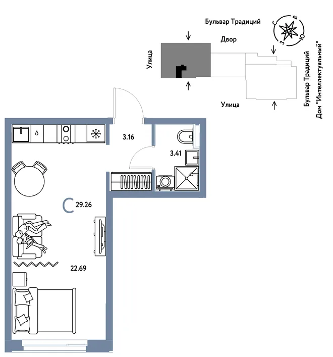 Планировка Студия, 29.26 м² ЖК «Микрорайон Домашний» Планировка Студия, 29.26 м² ЖК «Микрорайон Домашний»