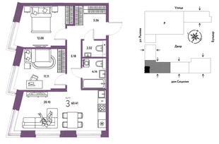 Планировка 3-комн. квартира, 60.41 м² ЖК «Остров-сад»