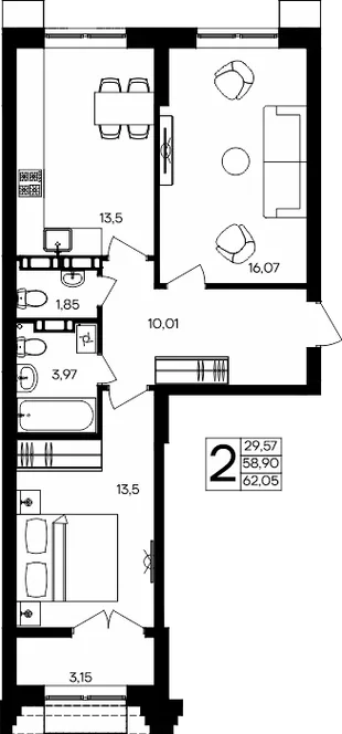 Планировка 2-комн. квартира, 62.05 м² ЖК «Семисчастье»