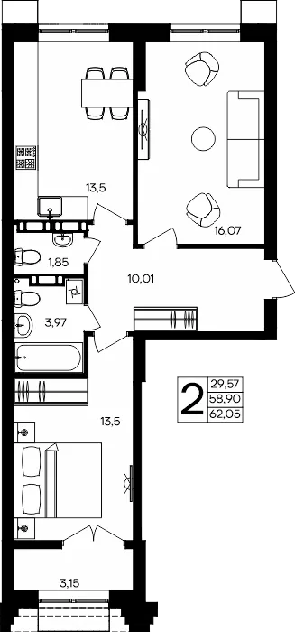 Планировка 2-комн. квартира, 62.05 м² ЖК «Семисчастье»