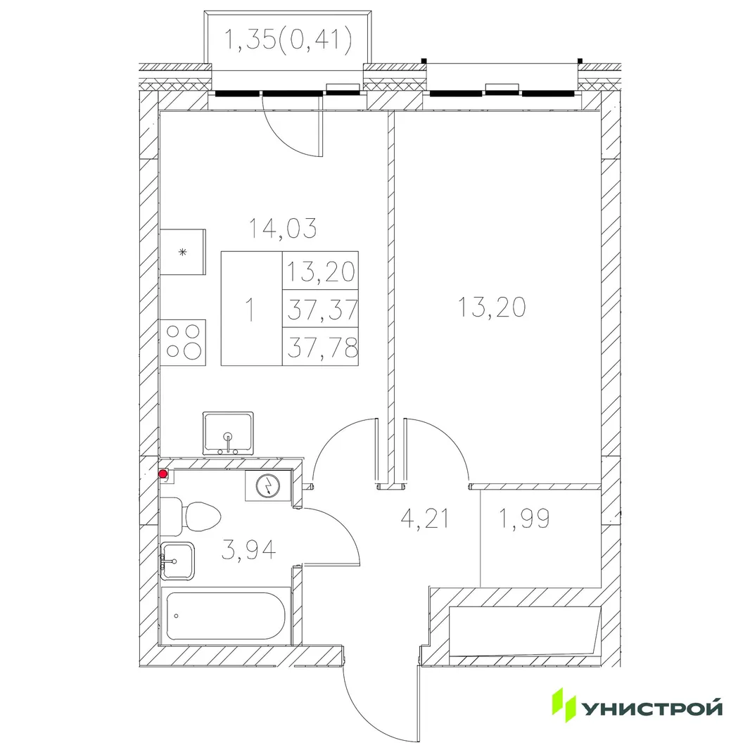 Планировка 1-комн. квартира, 37.78 м² ЖК «Statum»
