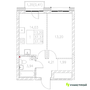 Планировка 1-комн. квартира, 37.78 м² ЖК «Statum»