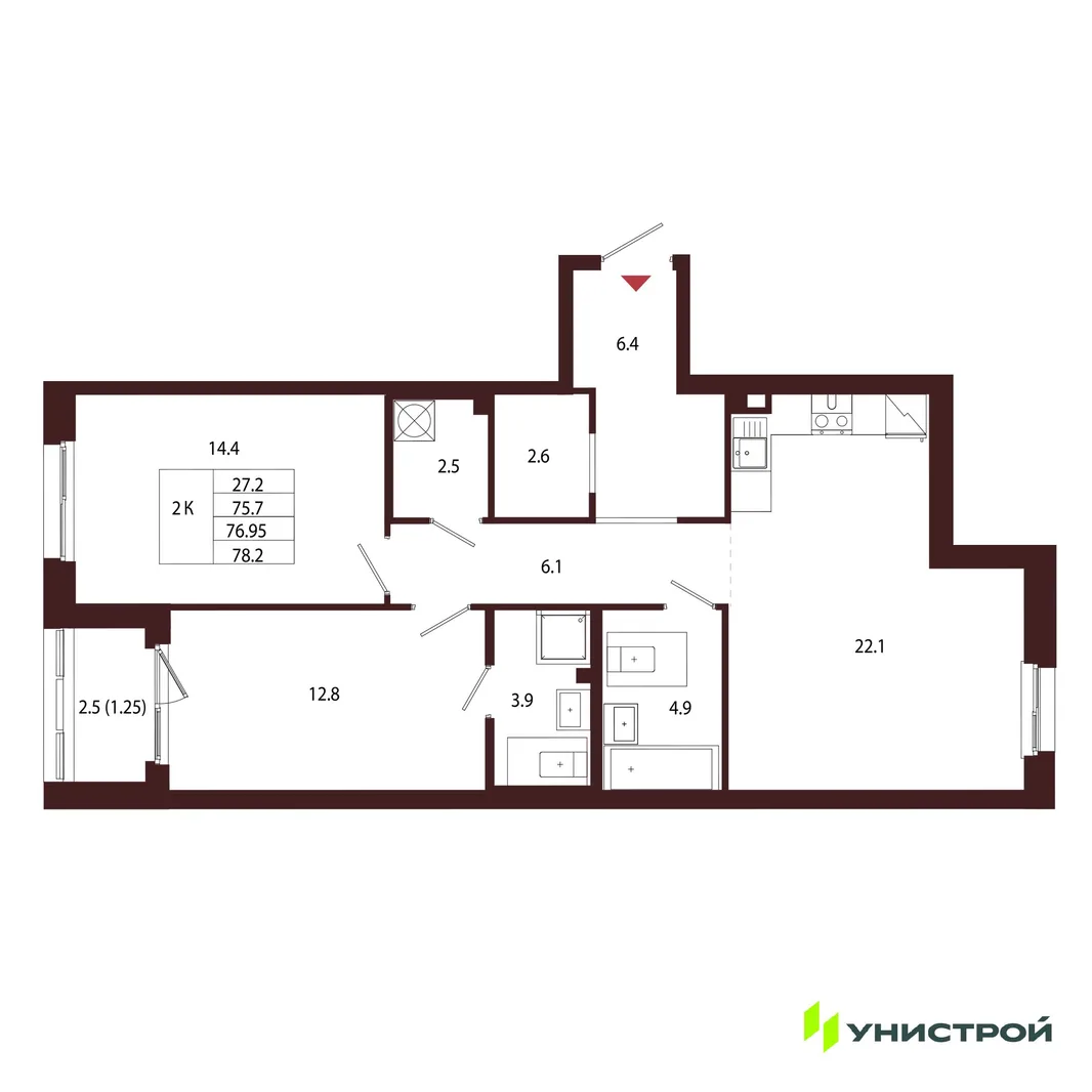 Планировка 2-комн. квартира, 76.95 м² ЖК «Лисино»