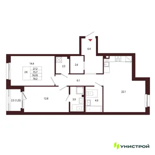Планировка 2-комн. квартира, 76.95 м² ЖК «Лисино»