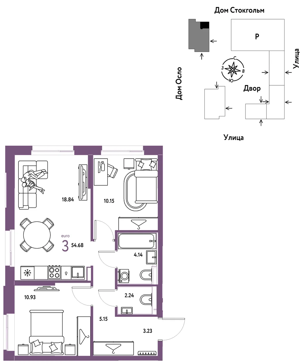 Планировка 3-комн. квартира, 54.7 м² ЖК «Европейский берег 2.0»