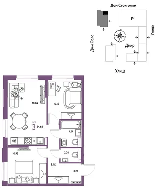 Планировка 3-комн. квартира, 54.7 м² ЖК «Европейский берег 2.0»