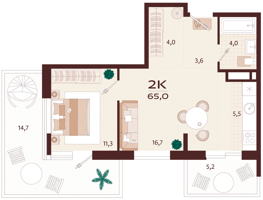 Планировка 2-комн. квартира, 65 м² ЖК «Роялта»