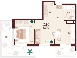 Планировка 2-комн. квартира, 65 м² ЖК «Роялта»