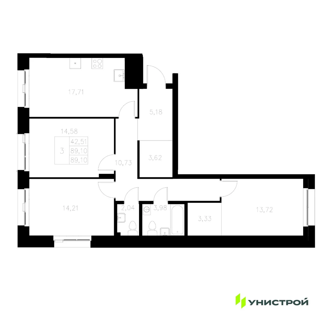 Планировка 3-комн. квартира, 89.1 м² ЖК «Statum»