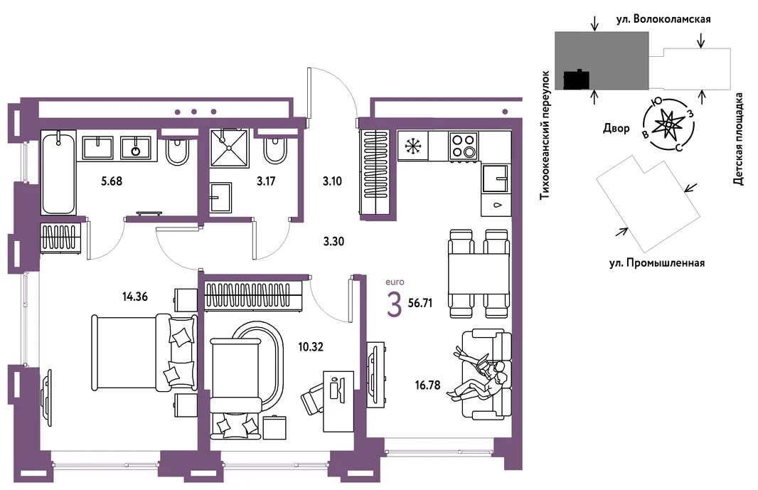 Планировка 3-комн. квартира, 56.71 м² ЖК «Страна Прибрежная»