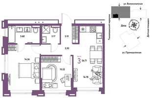 Планировка 3-комн. квартира, 56.71 м² ЖК «Страна Прибрежная»