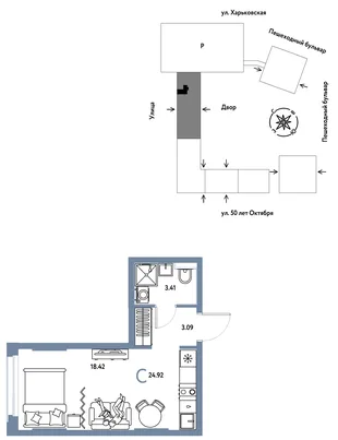 Планировка Студия, 24.92 м² ЖК «Сердце Сибири»