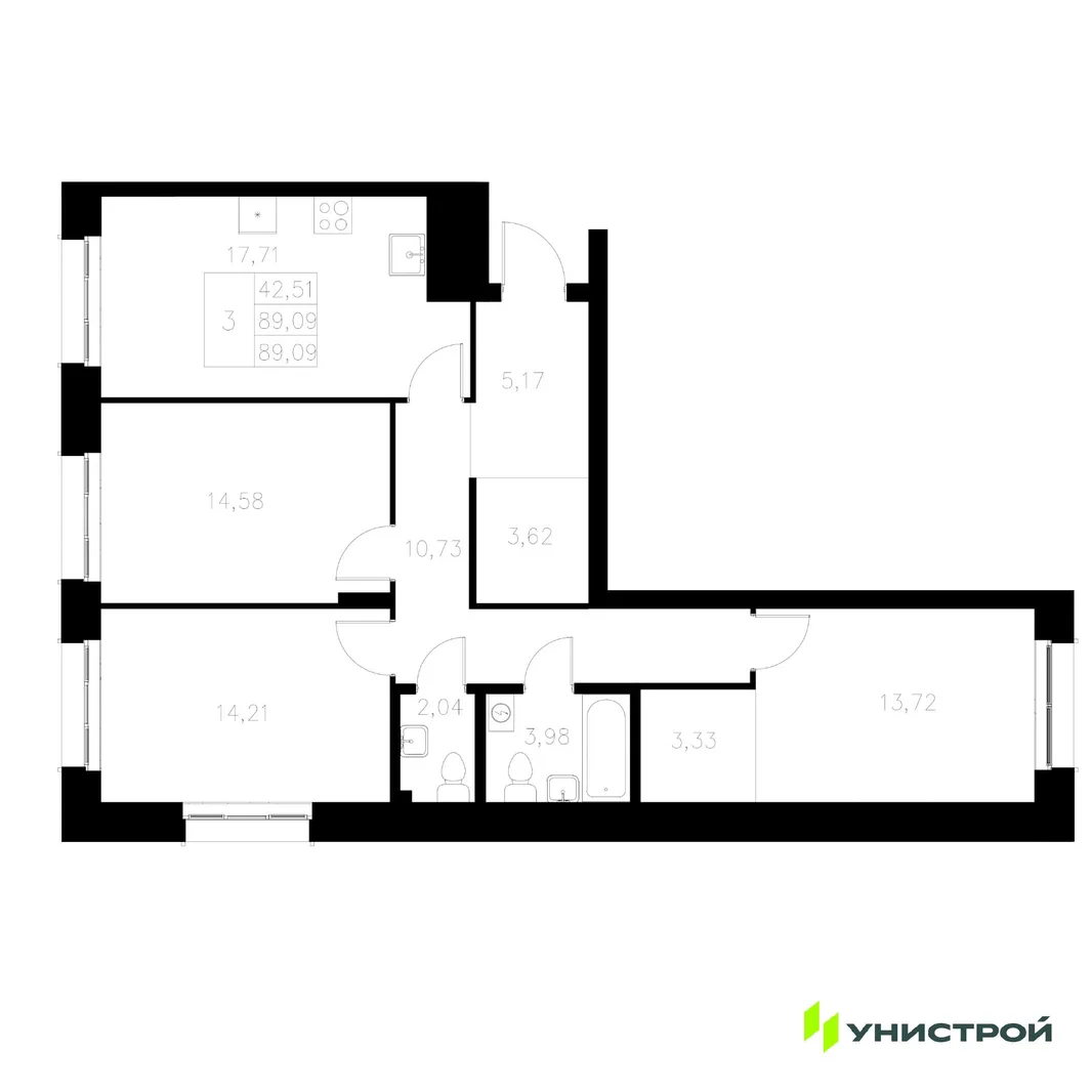 Планировка 3-комн. квартира, 89.09 м² ЖК «Statum»