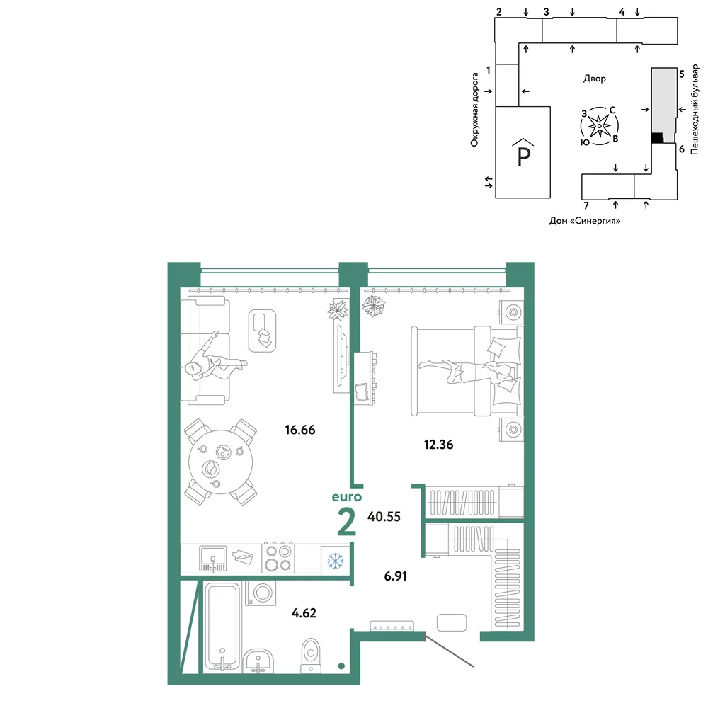 Планировка 2-комн. квартира, 40.55 м² ЖК «Юнион»