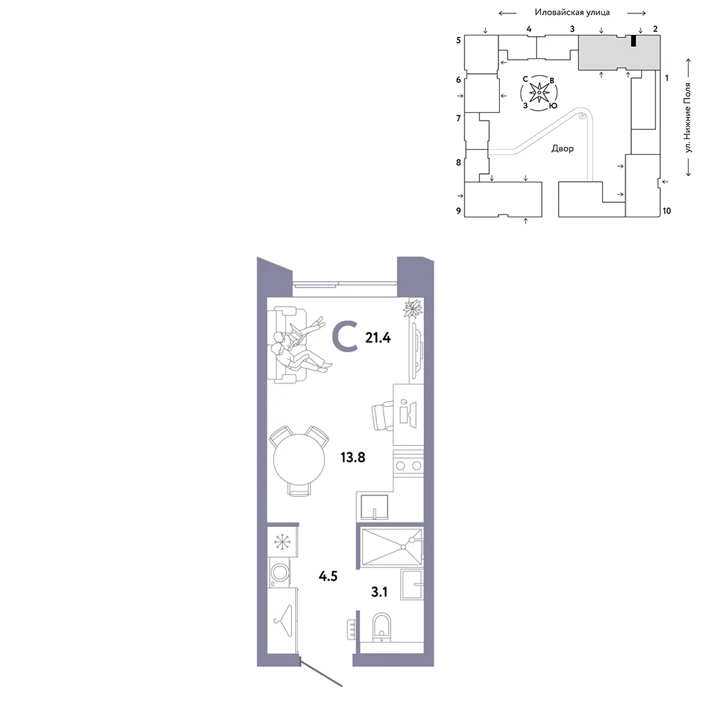 Планировка Студия, 21.4 м² ЖК «Страна.Заречная»