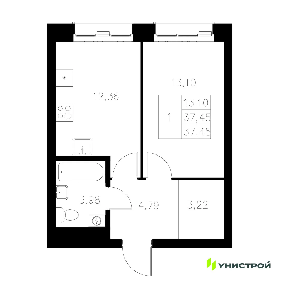 Планировка 1-комн. квартира, 37.45 м² ЖК «Statum»