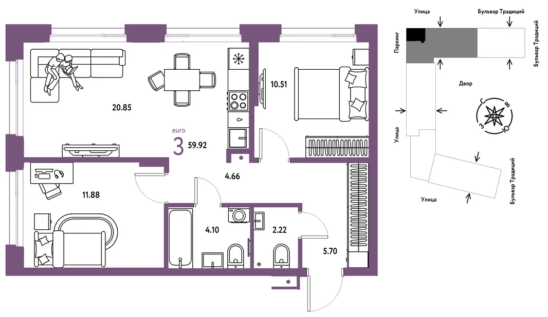 Планировка 3-комн. квартира, 59.92 м² ЖК «Микрорайон Домашний»