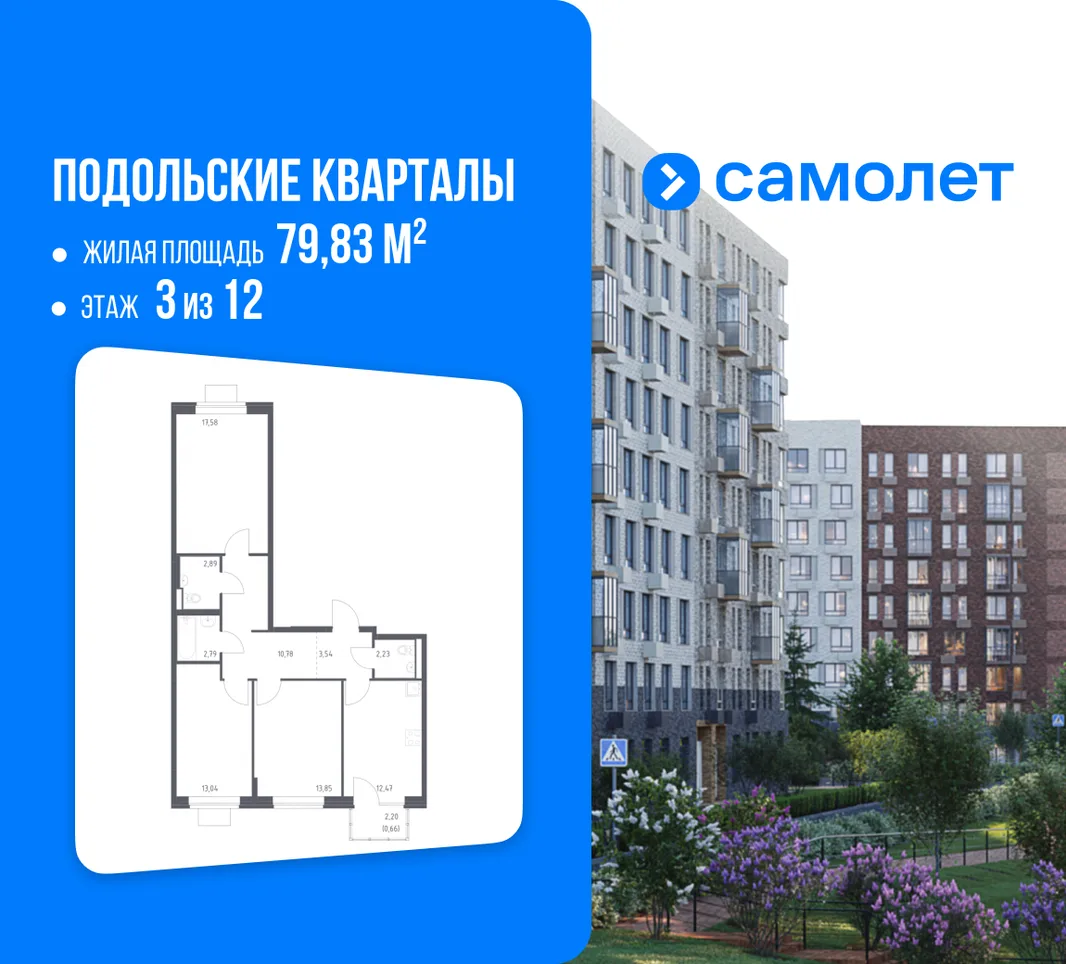 Планировка 3-комн. квартира, 79.83 м² ЖК «Подольские кварталы»