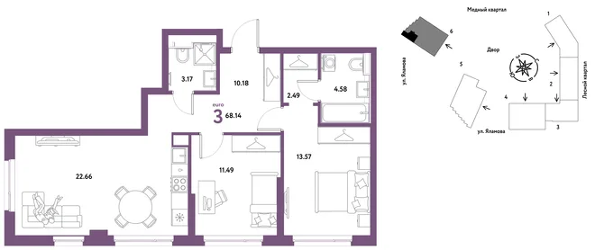 Планировка 3-комн. квартира, 68.14 м² ЖК «Сибирский сад» Планировка 3-комн. квартира, 68.14 м² ЖК «Сибирский сад»