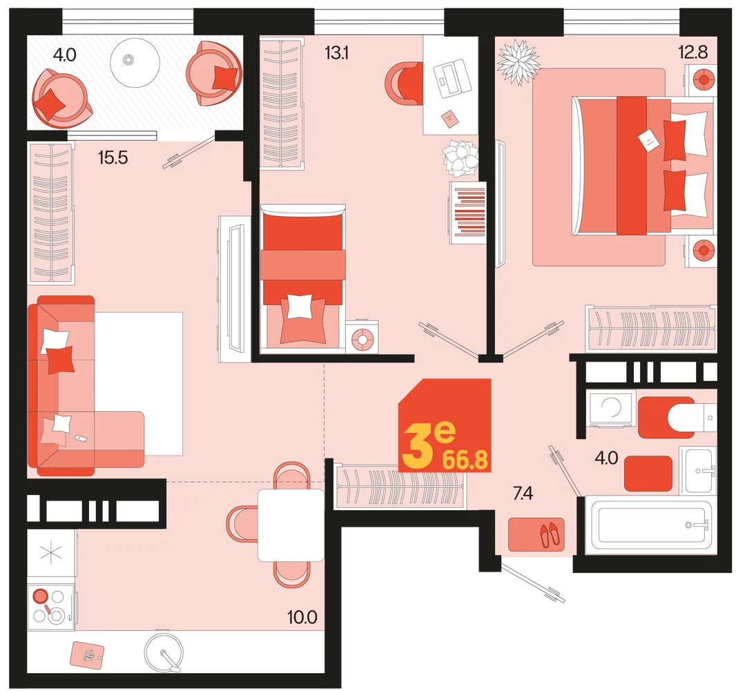 Планировка 3-комн. квартира, 66.8 м² ЖК «Первое место»