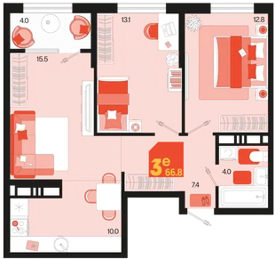 Планировка 3-комн. квартира, 66.8 м² ЖК «Первое место»