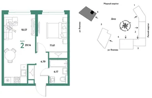 Планировка 2-комн. квартира, 39.14 м² ЖК «Сибирский сад»