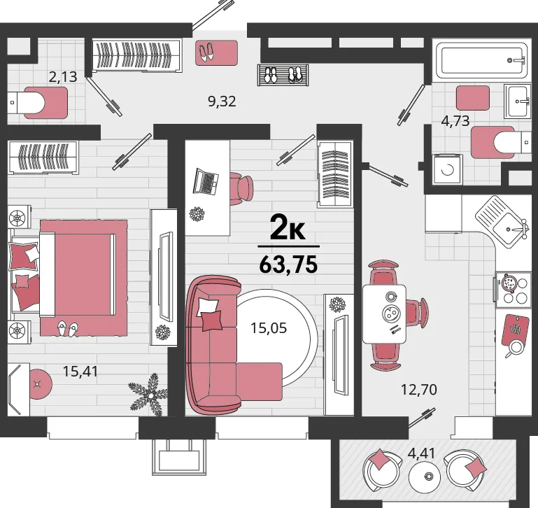 Планировка 2-комн. квартира, 63.75 м² ЖК «Родные просторы»