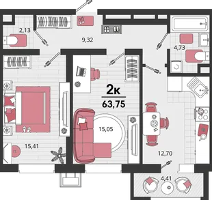 Планировка 2-комн. квартира, 63.75 м² ЖК «Родные просторы»
