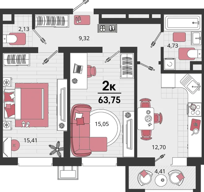 Планировка 2-комн. квартира, 63.75 м² ЖК «Родные просторы»