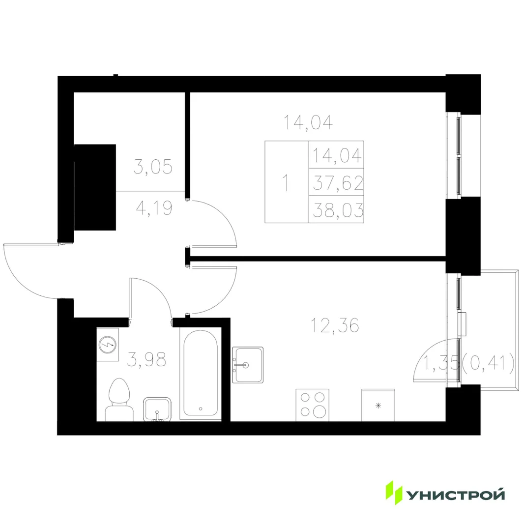 Планировка 1-комн. квартира, 38.03 м² ЖК «Statum»