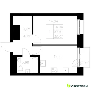 Планировка 1-комн. квартира, 38.03 м² ЖК «Statum»