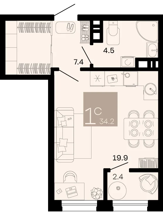 Планировка Студия, 34.2 м² ЖК «Хозяин морей»