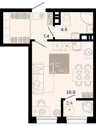 Планировка Студия, 34.2 м² ЖК «Хозяин морей»
