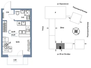 Планировка Студия, 26.99 м² ЖК «Сердце Сибири»