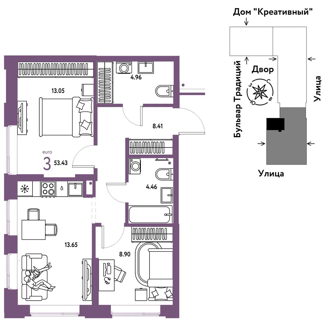Планировка 3-комн. квартира, 53.43 м² ЖК «Микрорайон Домашний»