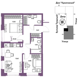 Планировка 3-комн. квартира, 53.43 м² ЖК «Микрорайон Домашний»