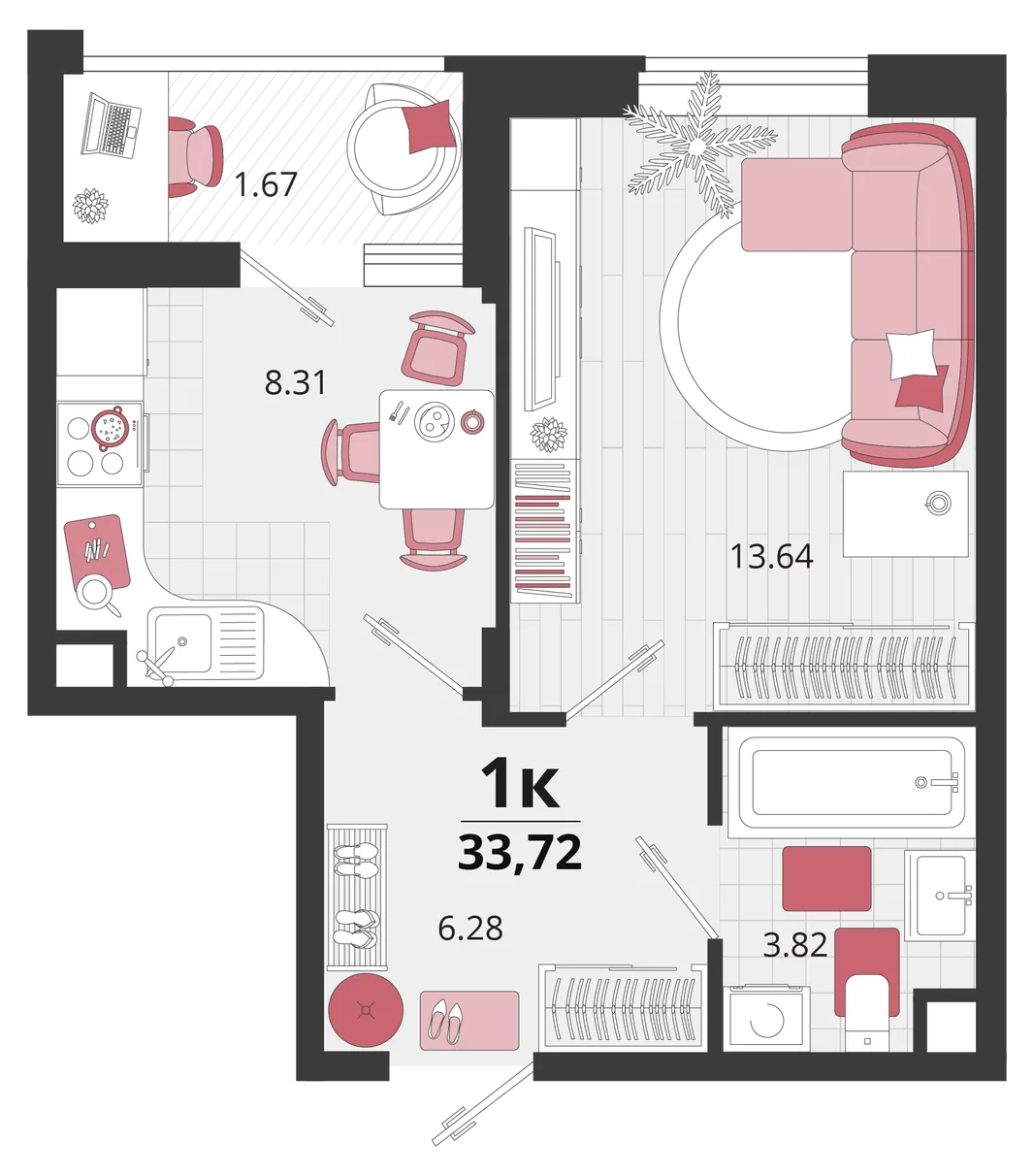 Планировка 1-комн. квартира, 33.3 м² ЖК «Родные просторы»