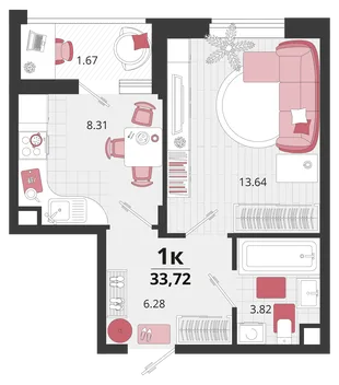 Планировка 1-комн. квартира, 33.3 м² ЖК «Родные просторы»