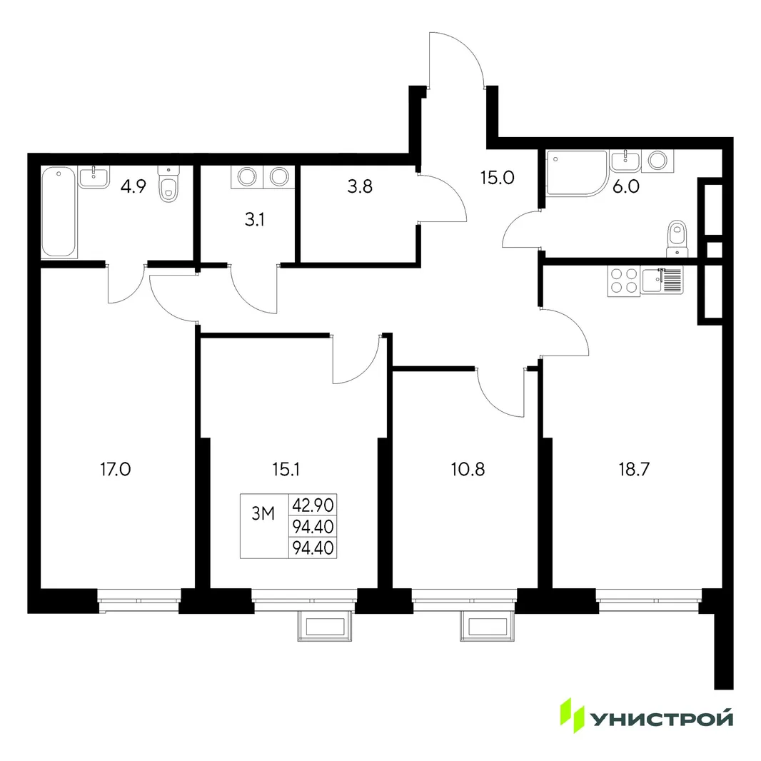 Планировка 3-комн. квартира, 94.4 м² ЖК «Стадиум»