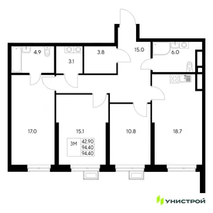 Планировка 3-комн. квартира, 94.4 м² ЖК «Стадиум»