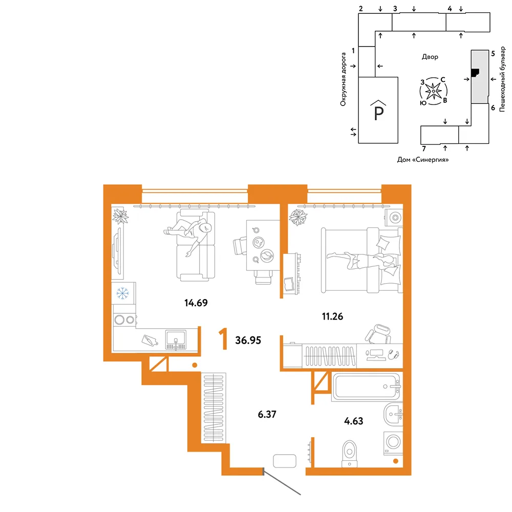 Планировка 1-комн. квартира, 36.95 м² ЖК «Юнион»