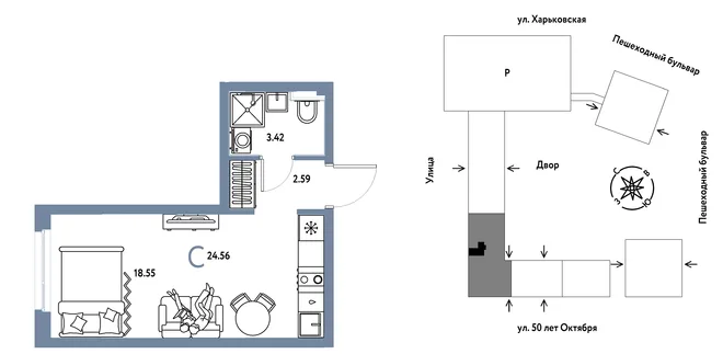 Планировка Студия, 24.56 м² ЖК «Сердце Сибири»