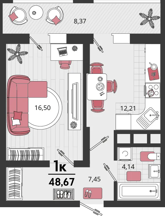 Планировка 1-комн. квартира, 48.67 м² ЖК «Родные просторы»