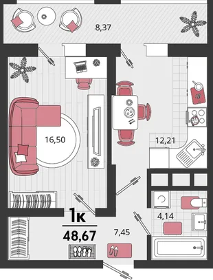 Планировка 1-комн. квартира, 48.67 м² ЖК «Родные просторы»
