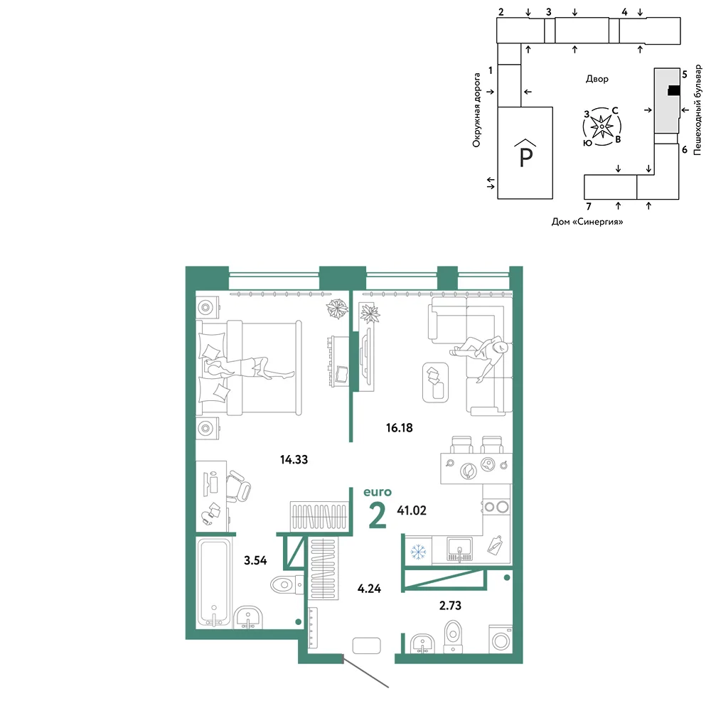 Планировка 2-комн. квартира, 41.02 м² ЖК «Юнион»