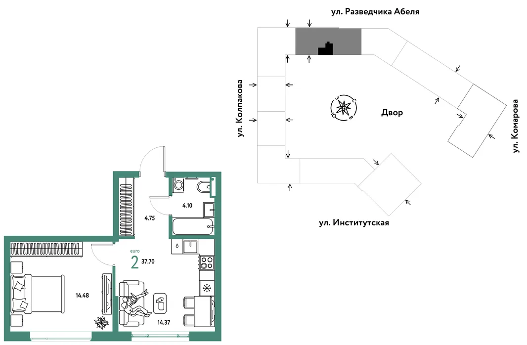 Планировка 2-комн. квартира, 37.7 м² ЖК «Страна.Парковая»