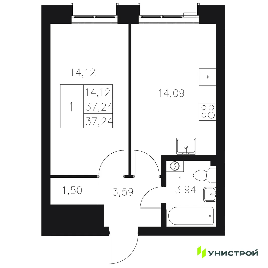 Планировка 1-комн. квартира, 37.24 м² ЖК «Statum»