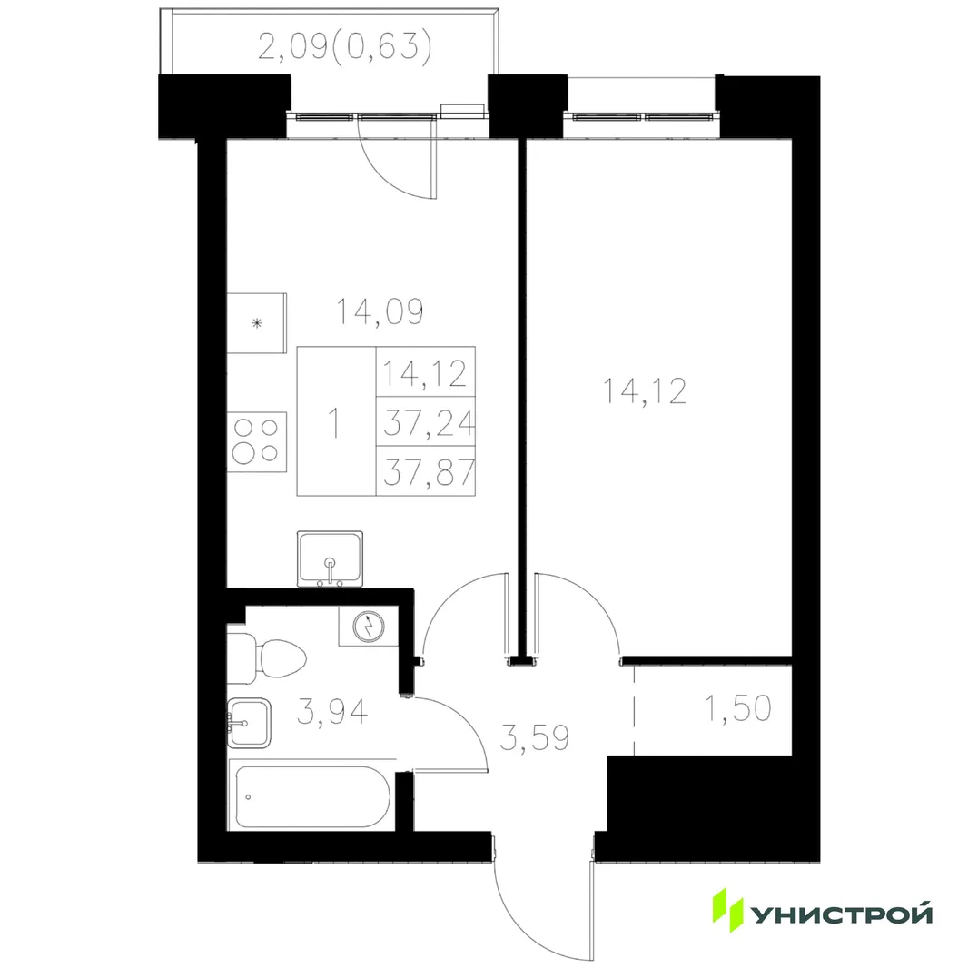Планировка 1-комн. квартира, 37.87 м² ЖК «Statum»