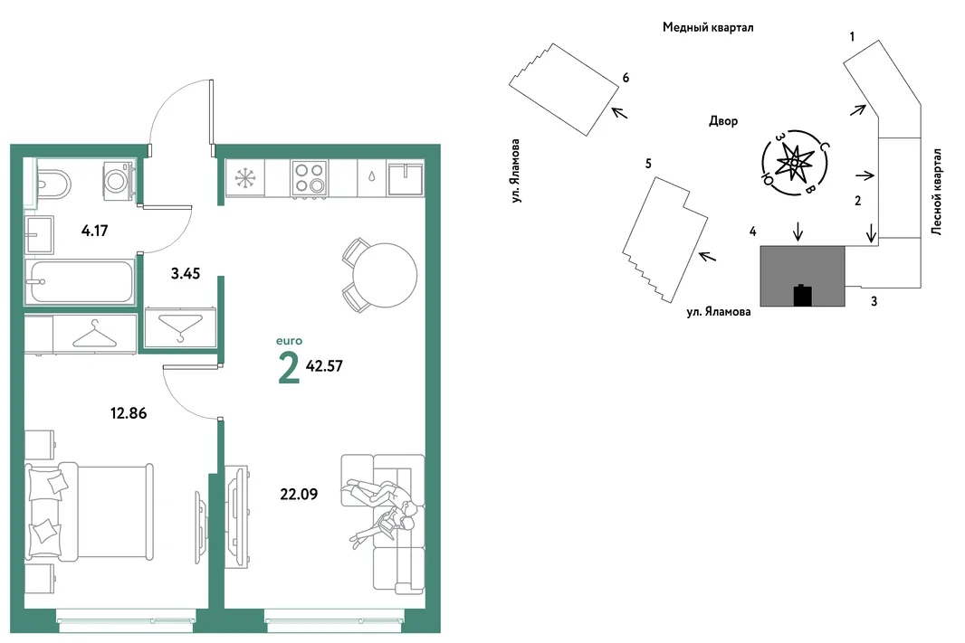 Планировка 2-комн. квартира, 42.57 м² ЖК «Сибирский сад»