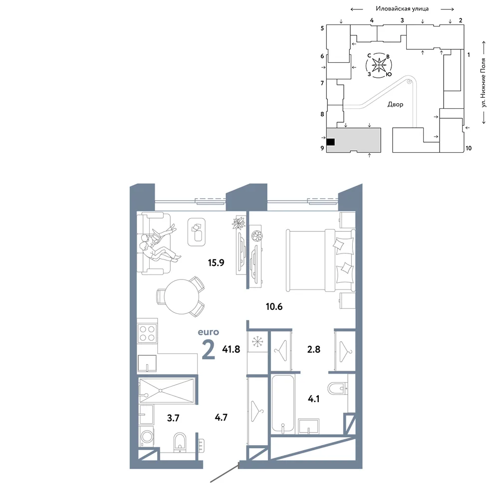 Планировка 2-комн. квартира, 41.8 м² ЖК «Страна.Заречная»